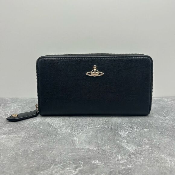 Vivienne Westwood Black Saffiano Leather Zip Around Long Wallet Luxury